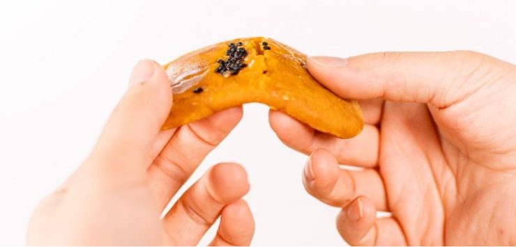 「ひがしやま。」を手でふたつに割ったところ